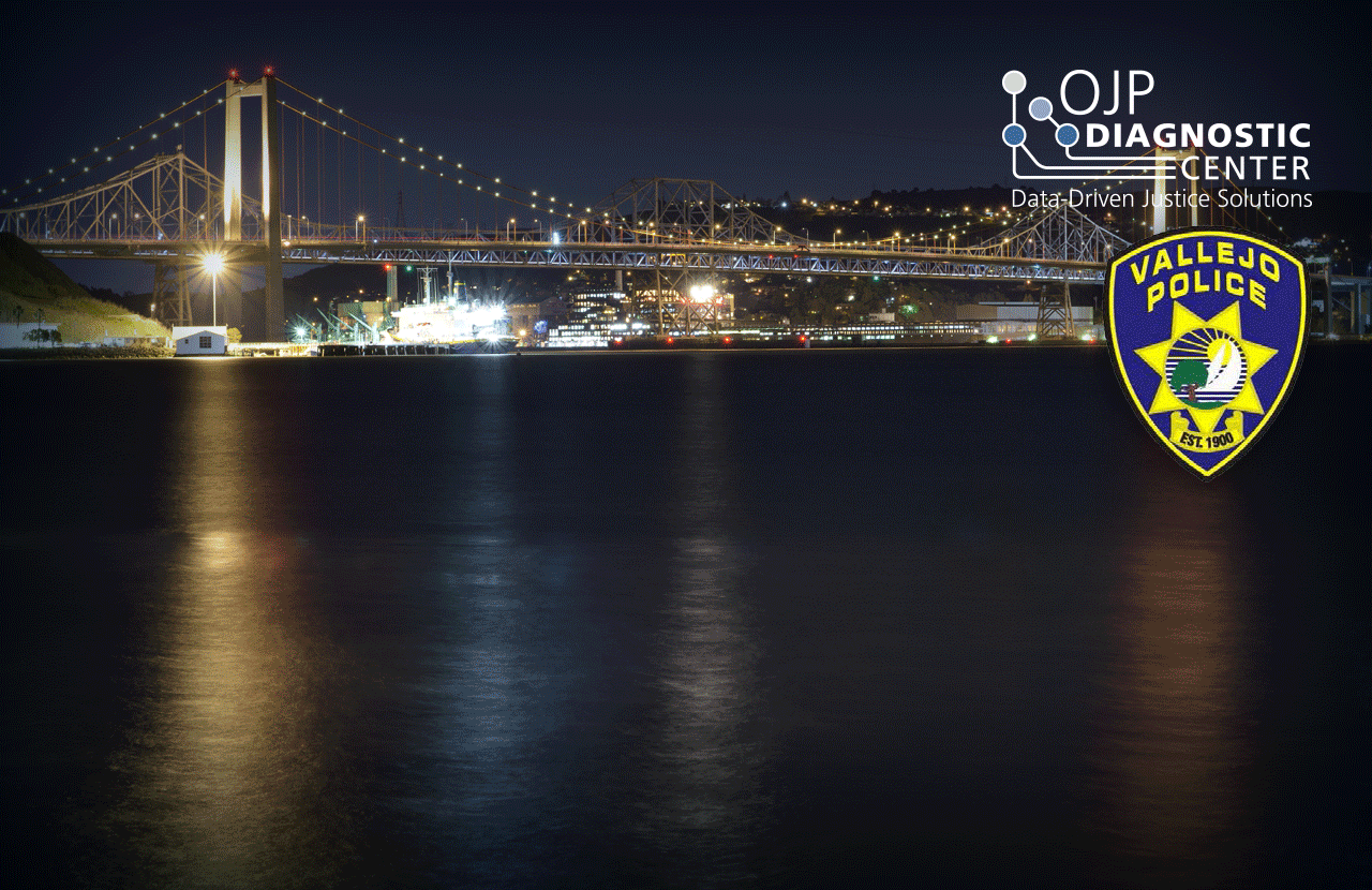 Image of the Vallejo, CA skyline at night. The image also has the Diagnostic Center logo and Vallejo Police Department logo representing the new engagement summary document